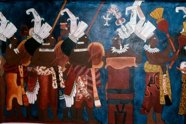 Reproduktion eines Wandgemäldes, das Diener und Musiker während einer Zeremonie zeigt, aus dem Tempel der Wandgemälde, Bonampak